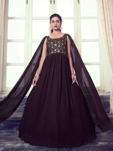 Charming Wine Sequins Georgette Wedding Wear Ready-Made Gown